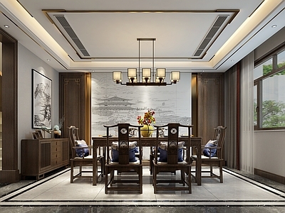 新中式别墅餐厅 开放式餐厅 长方型餐厅