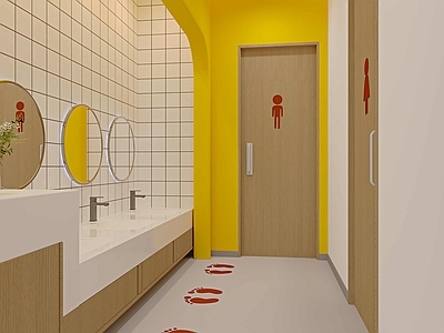 现代奶油其他公共空间 卫生间 儿童洗手间 高低洗手台 公共洗手间