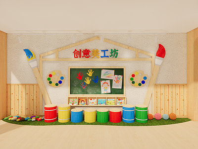 现代原木幼儿园内部 幼儿园走廊 幼儿园大厅 美工室主题文化墙 艺术主题文化墙