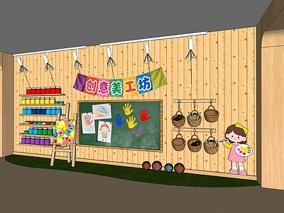 现代原木幼儿园内部 幼儿园走廊 幼儿园大厅 美工坊主题墙 幼儿园文化墙