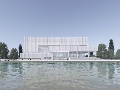 现代极简图书馆建筑 现代简约图书馆 图书馆 沿湖文化建筑 社区文化馆 艺术文化建筑