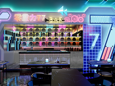 现代美式KTV 赛博朋克风ktv 调酒区 2077风格酒吧 KTV大厅 科技风酒吧