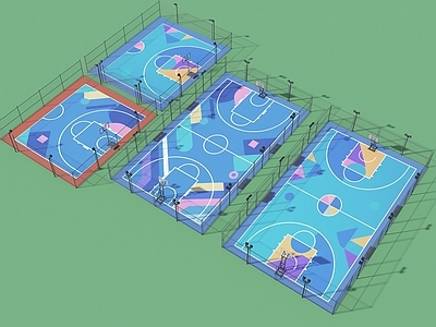 现代篮球场 户外球场 篮球场 运动场地 球场灯 铁丝网围墙