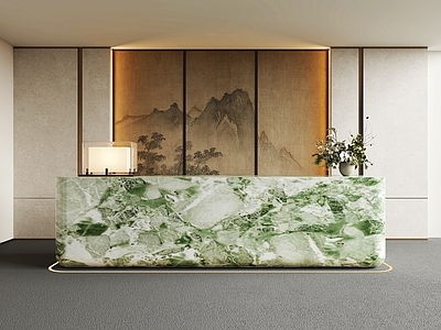 现代前台 接待台 前台 背景墙 台灯 植物