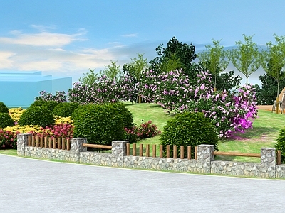 现代原木植物围挡 乡村景观 花墙 挡墙 绿植 乡道