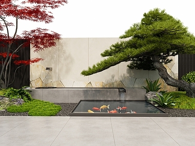 现代庭院小品 现代庭院小品 现代庭院花园 跌水景景墙小品 现代景墙水景 罗汉松植物堆