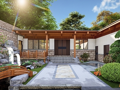 现代民宿建筑 山地民宿建筑 乡村建筑 民房改造 鱼池 景观桥