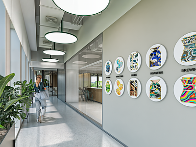 现代工业办公走廊 办公走道 走廊 绿植 展示墙 休息区