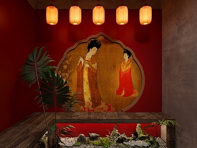 新中式禅意火锅店 国潮打卡墙 网红拍照墙 等候打卡区 国风绿植景观