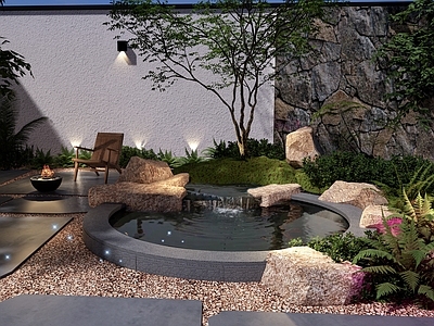 现代新中式庭院小品 花园水景 庭院水景 圆形水景 毛石水景 休闲花园