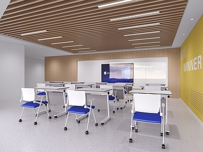 现代极简教室 现代教室 课桌椅 吊顶 黑板
