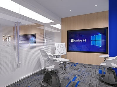 现代极简教室 私教室 培训椅 电视 渐变玻璃 黑板