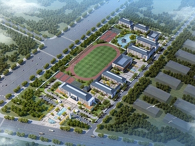 新中式复古学校建筑 学校建筑 教学楼 坡屋顶 复古教学楼 湖景
