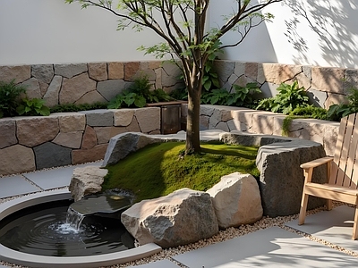 现代新中式庭院小品 庭院水景 庭院景观 毛石水景 现代水景 花园圆水景