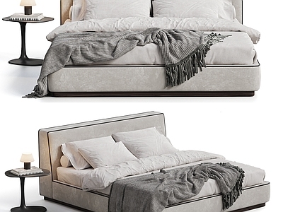 现代简约双人床 MINOTTI 现代简约双人床 布艺双人床 床头圆几 床品床具