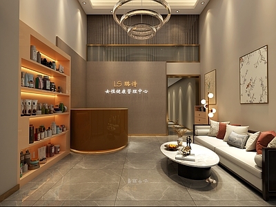 现代轻奢美容院 美容院大厅 前台接待 休闲沙发 产品展示柜 挑空美容院