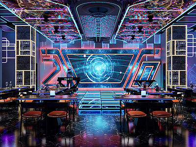 美式现代网吧 赛博朋克酒吧 霓虹灯酒吧大厅 科幻ktv前台 未来主义KTV大 2077大厅