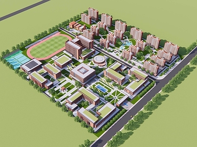现代中式学校建筑 大学规划 学校 红砖建筑 教学楼 图书馆