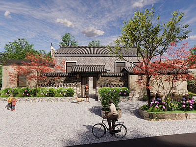 中式复古古建筑 中式仿古建筑 乡村建筑 乡村振兴 红色乡村