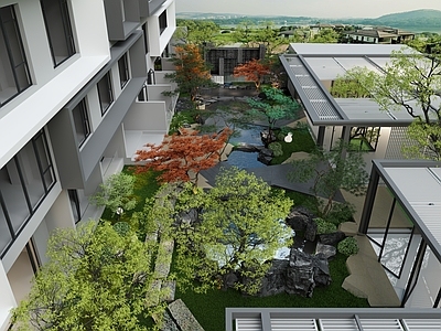 现代庭院 酒店花园 景观水景 植物 建筑