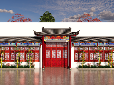 复古原木其他景观小建筑 中式彩绘屋檐 中式翘角屋檐 翘角门头 原木复古门头 彩绘门头