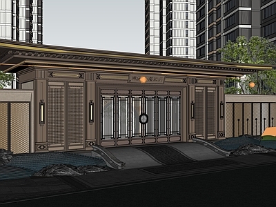 新中式入口大门 建发住宅入口 示范区前场门楼 入口桥 新中式水景 精工围墙