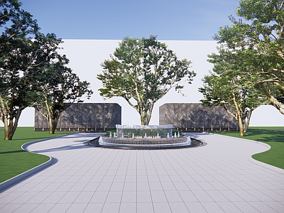 现代小区景观 展示区入口水景 雕塑大树植物 会客室