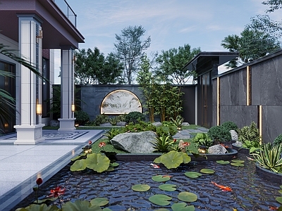 现代新中式庭院 别墅庭院 别墅花园 水景 瀑布景观 亭子