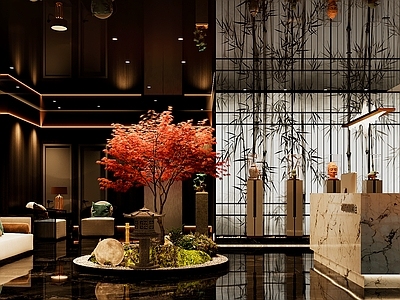 新中式足浴店 新中式足浴店 绿植景观 雕塑 沙发 吧台