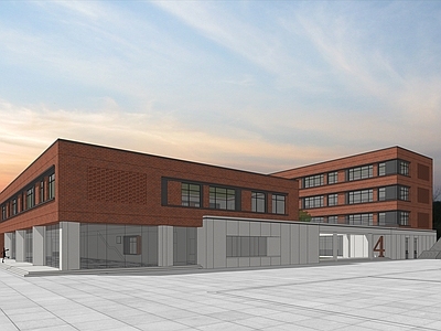 现代新中式学校建筑 红砖学校 围合院落