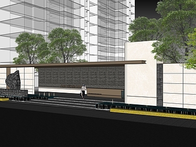 现代入口大门 住宅阔尺门楼 示范区前场 水景置石 阶梯台阶 长方形