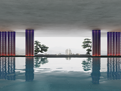 侘寂禅意游泳馆 泳池设计 渐变隔断 渐变砖 禅意石头 松树