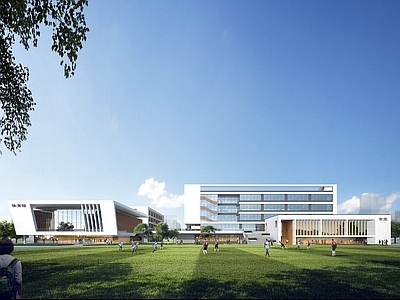 现代新中式学校建筑 现代学校 教学楼 学校 水平线条学校 现代教学楼