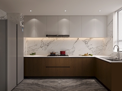 意式极简封闭式厨房 意式极简厨房 l型厨房 木纹门板 免拉手设计