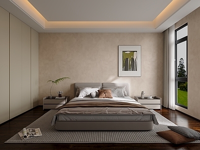 现代奶油家居卧室 现代奶油风卧室 主卧 无主灯卧室 铣型拉手 艺术涂料背景