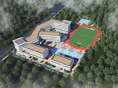 现代学校建筑 学校大门 学校教学楼 运动场