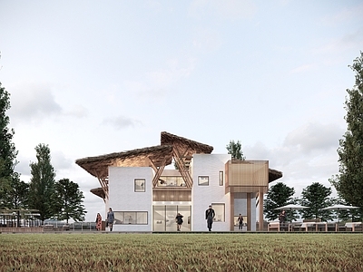 现代新中式其他文化场馆 现代中式文化馆 乡村文化馆 茅草屋顶 乡村建筑