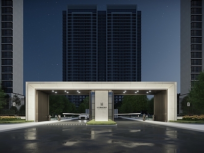 现代极简小区建筑 入口门头 小区主入口 车行入口 围墙 入口逻辑