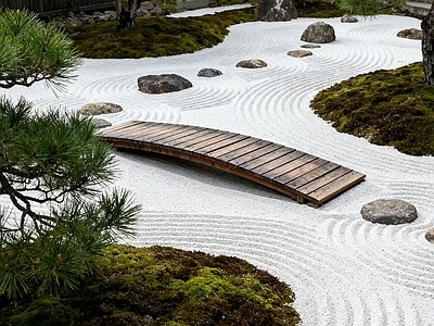 禅意侘寂别墅庭院 枯山水 日式 禅意 庭院 砾石景观