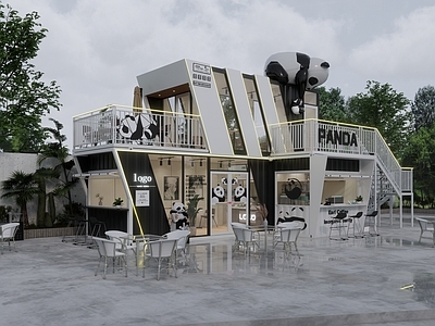 现代风格建筑 集装箱奶茶店 网红集装箱咖啡厅 熊猫主题咖啡厅 休闲茶室 熊猫打卡陈设
