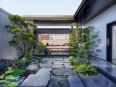 新中式中式别墅庭院 自然式中式庭院 新中式庭院 水池亭子青石板 老石板庭院 田园风庭院