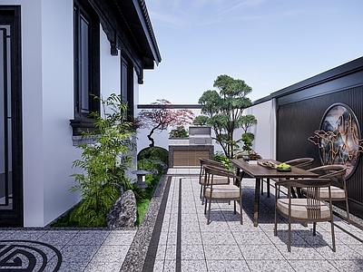 新中式别墅庭院 新中式庭院 中式庭院 禅意庭院 小型庭院 景墙操作台拴马桩