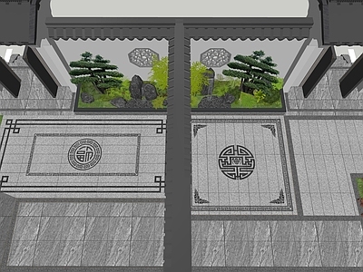 中式新中式别墅庭院 新中式庭院 廊架庭院 中式传统铺装 月洞门 中式盆栽造景