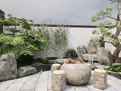 新中式中式别墅庭院 龙门瀑布 中式庭院 禅意庭院 小院