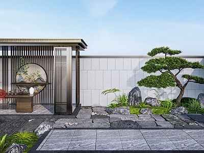 新中式中式别墅庭院 新中式庭院 中式别墅庭院 宝瓶门 青石板老石板庭院 禅意庭院