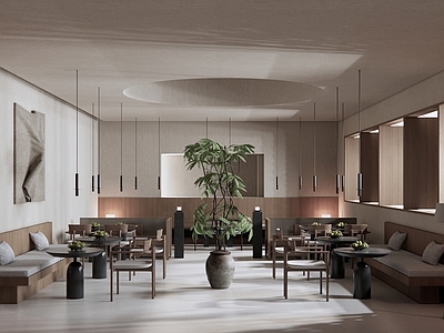 现代中古中餐厅 餐厅咖啡厅 餐桌桌子椅子花艺 挂饰植物落地灯