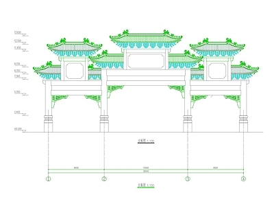 仿古建筑 中式古建四柱九楼 中式仿古四柱九楼 牌坊 古建门头 古建大门 施工图