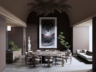 现代中古包厢 餐桌餐椅餐具 植物花艺挂画 沙发摆件雕塑 吊顶吊饰