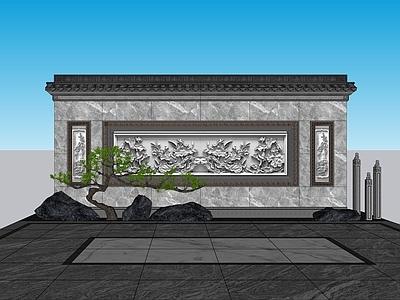 新中式中式景墙 照壁影壁 中式影壁墙 中式景墙 新中式景墙 造型罗汉松