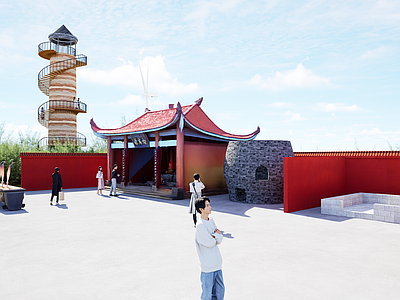 中式现代寺庙建筑 土地庙 烧香 塔筒 瞭望塔